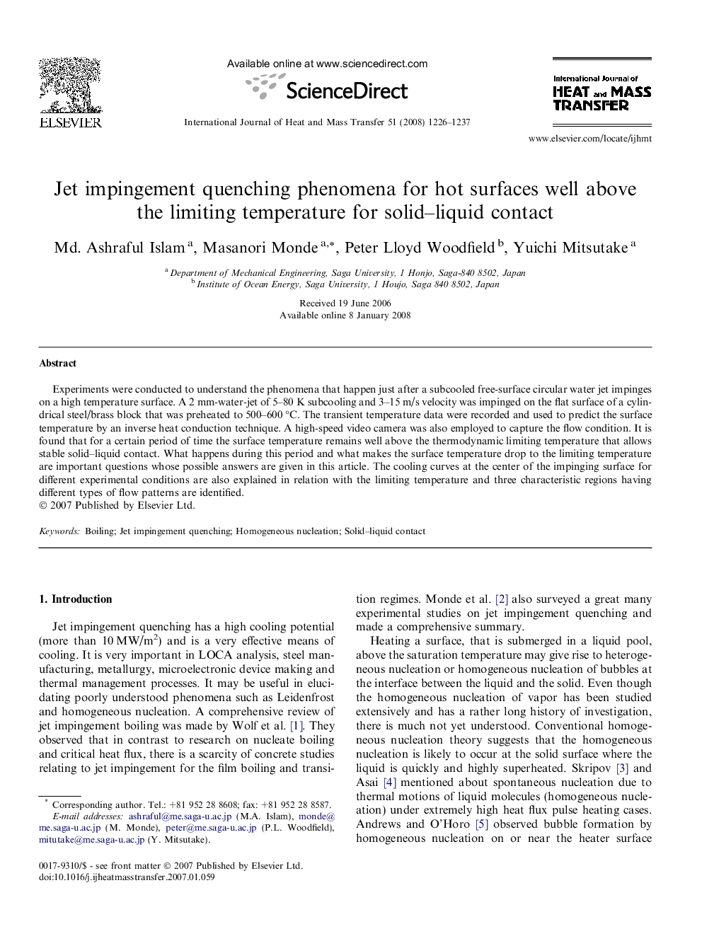 Jet impingement quenching phenomena for hot surfaces well above the limiting temperature for solid–liquid contact