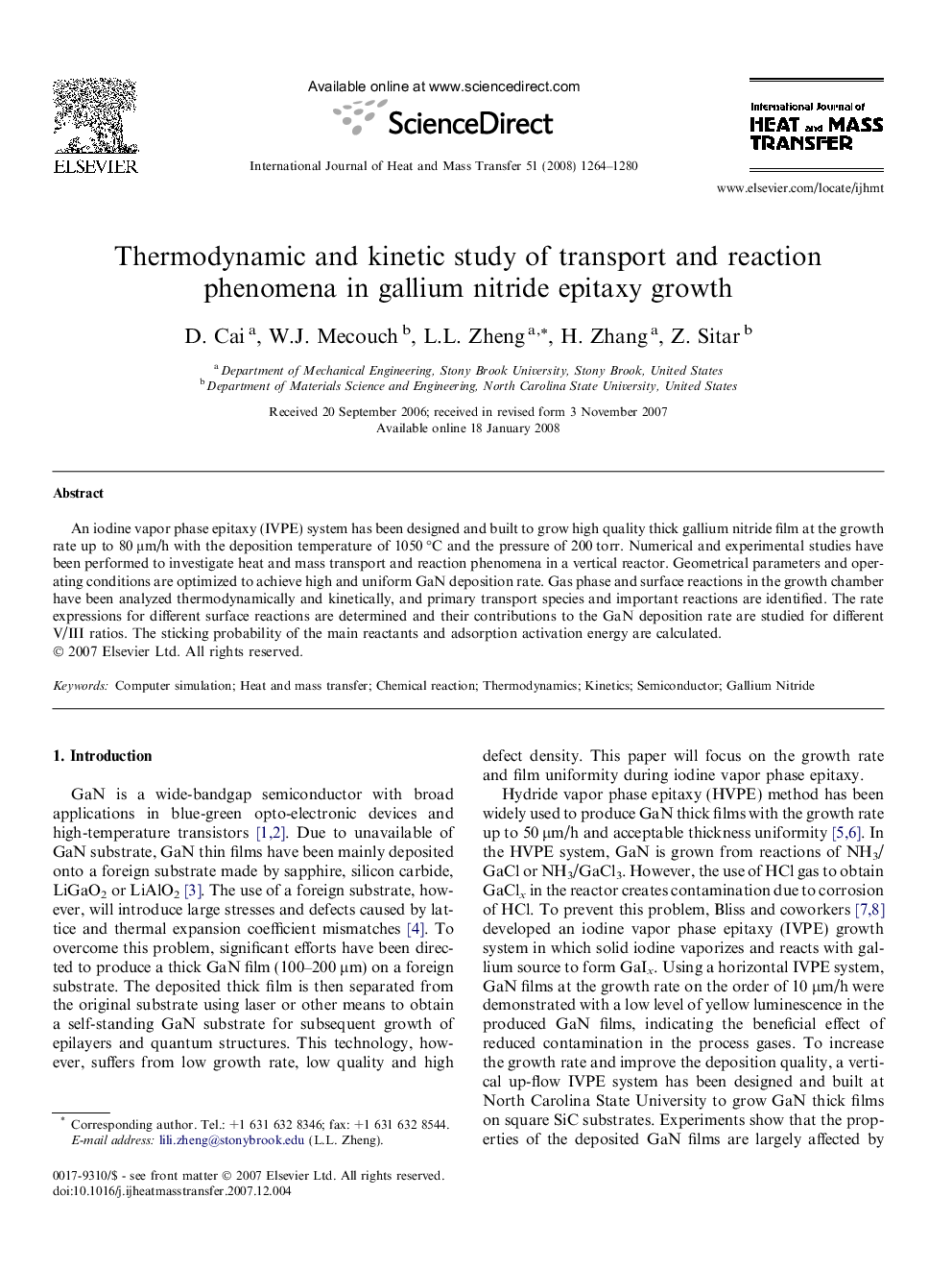 Thermodynamic and kinetic study of transport and reaction phenomena in gallium nitride epitaxy growth