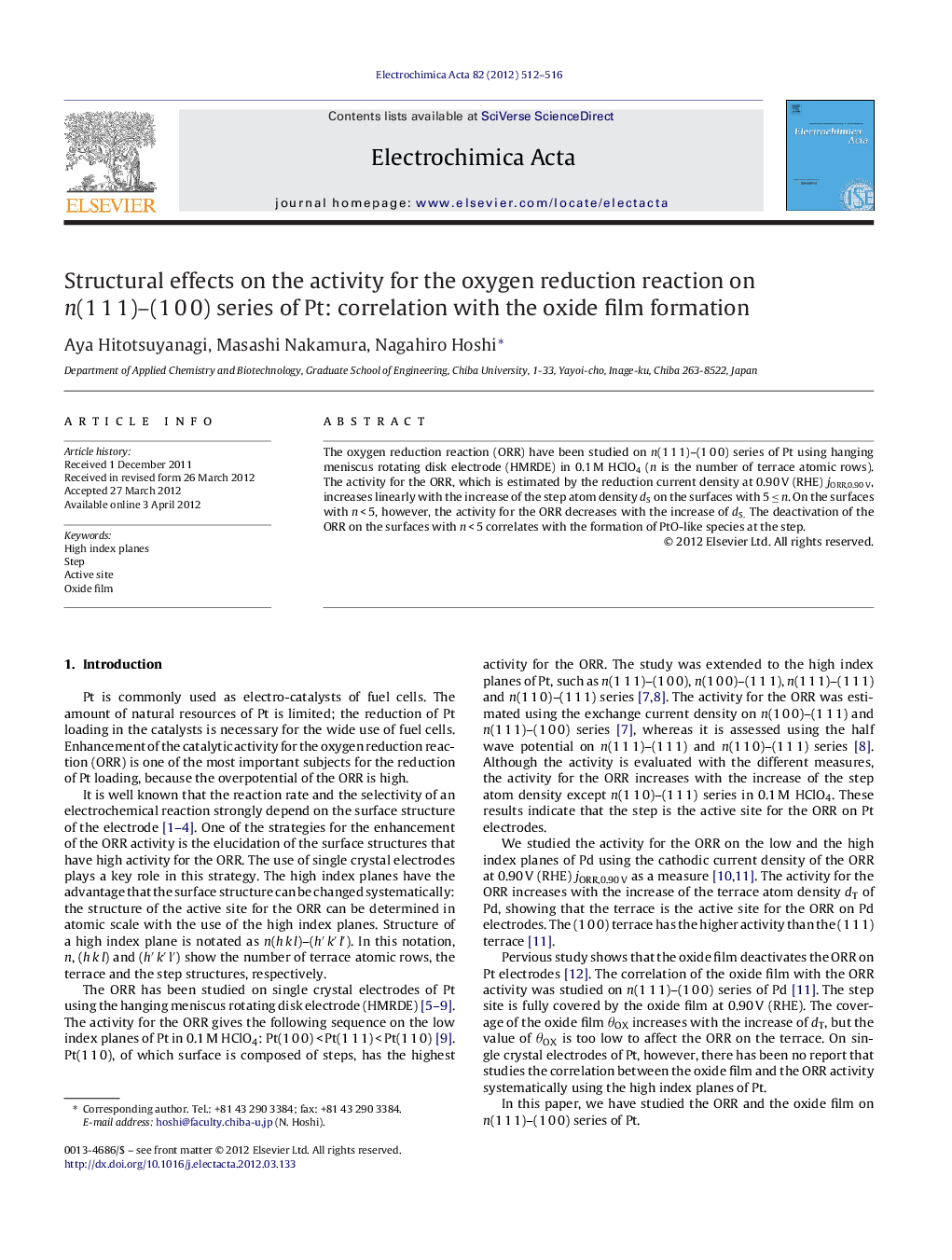 Structural effects on the activity for the oxygen reduction reaction on n(1Â 1Â 1)-(1Â 0Â 0) series of Pt: correlation with the oxide film formation