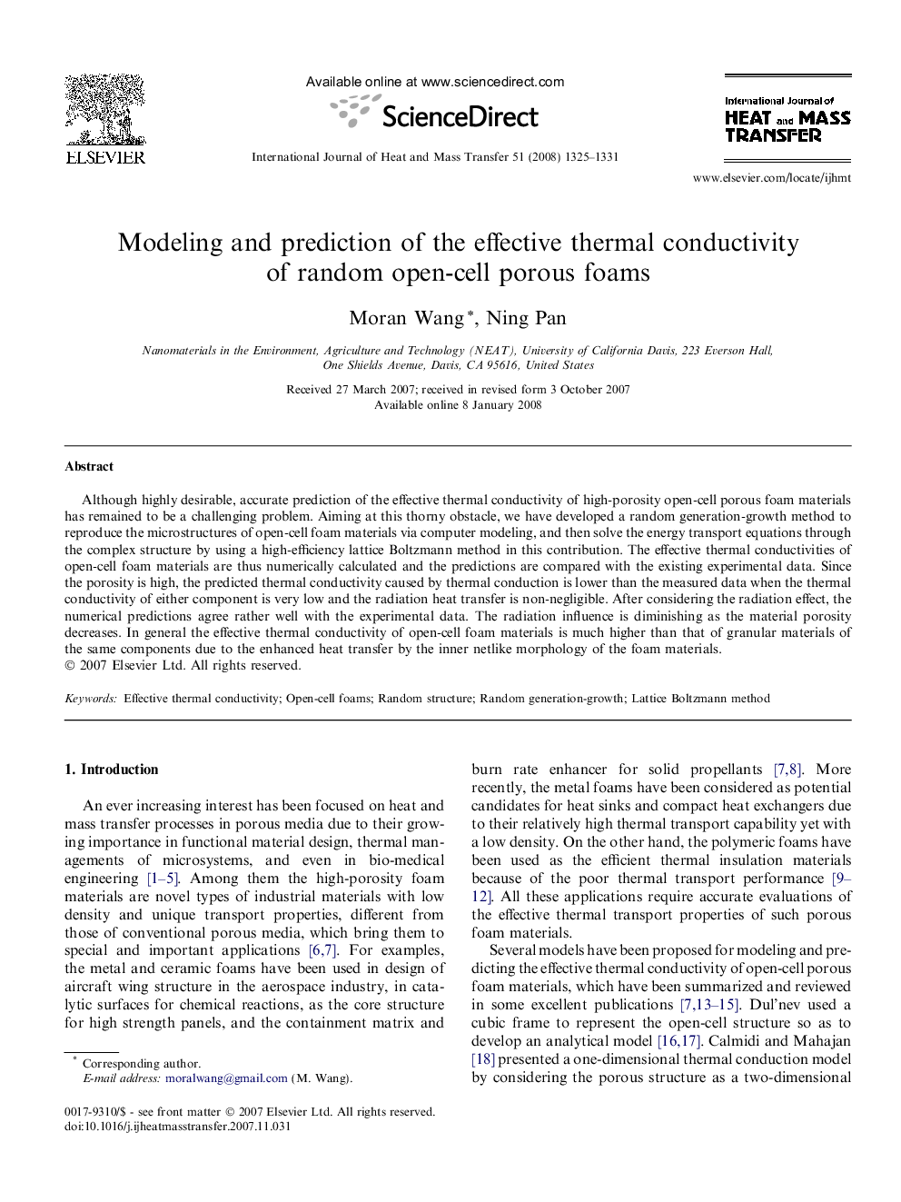 Modeling and prediction of the effective thermal conductivity of random open-cell porous foams