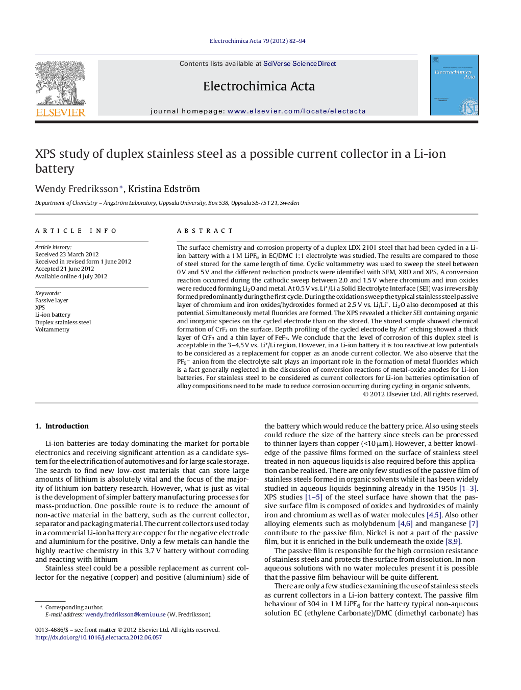 XPS study of duplex stainless steel as a possible current collector in a Li-ion battery