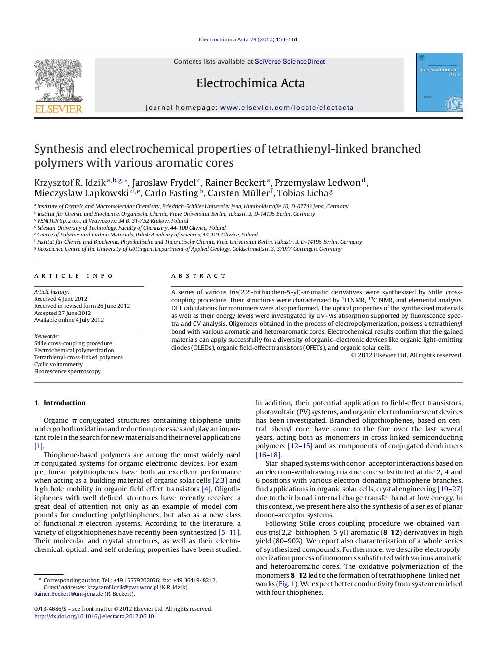 Synthesis and electrochemical properties of tetrathienyl-linked branched polymers with various aromatic cores