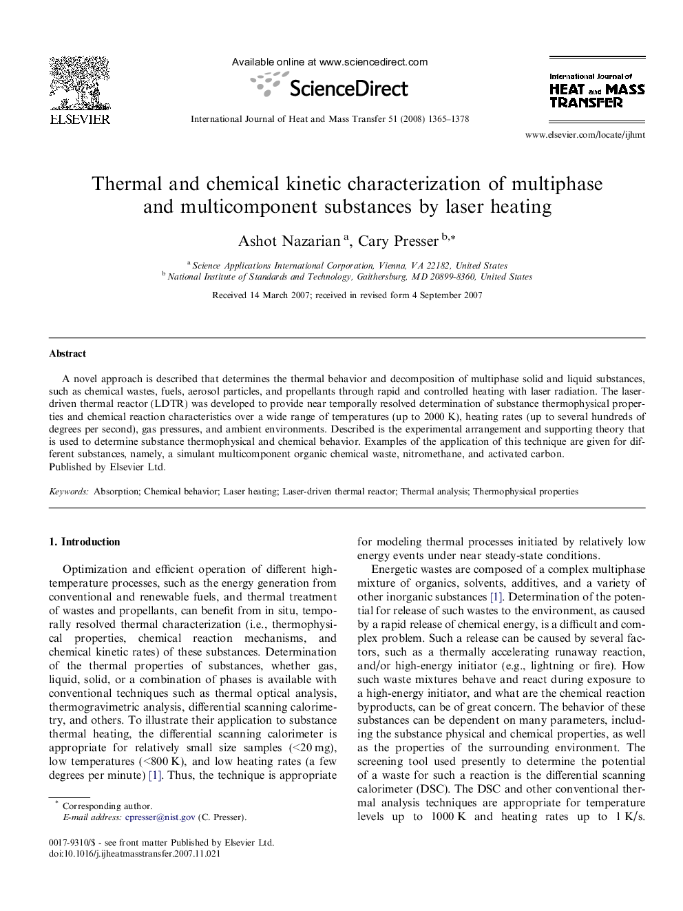 Thermal and chemical kinetic characterization of multiphase and multicomponent substances by laser heating