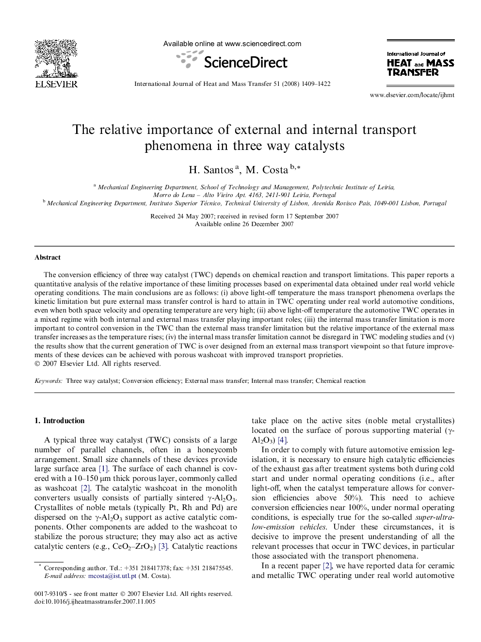 The relative importance of external and internal transport phenomena in three way catalysts