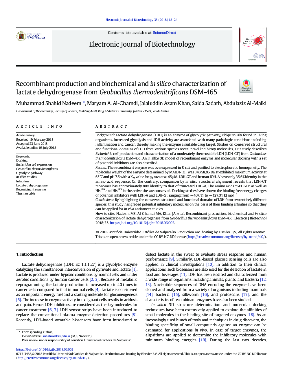 Recombinant production and biochemical and in silico characterization of lactate dehydrogenase from Geobacillus thermodenitrificans DSM-465