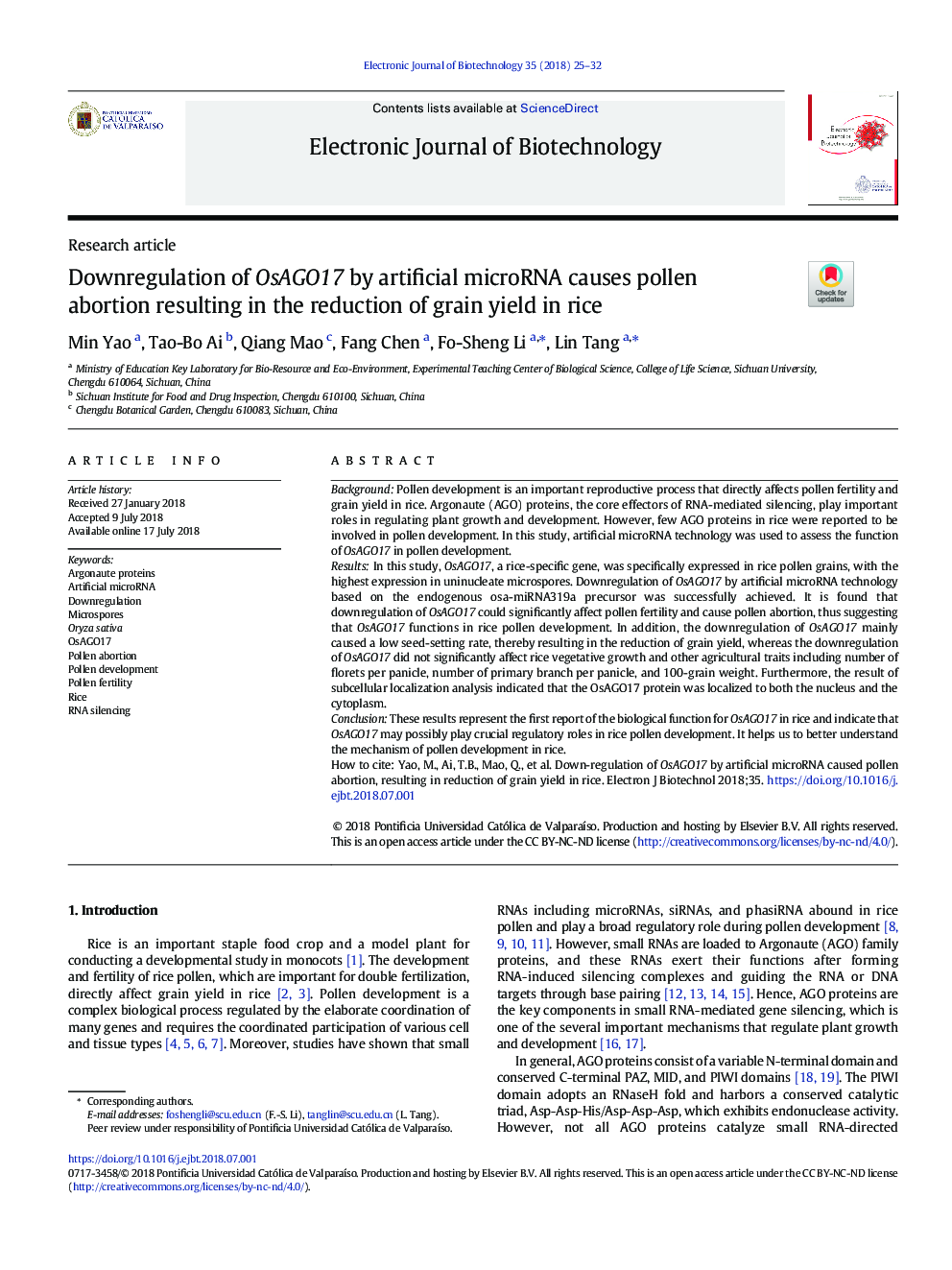 Downregulation of OsAGO17 by artificial microRNA causes pollen abortion resulting in the reduction of grain yield in rice