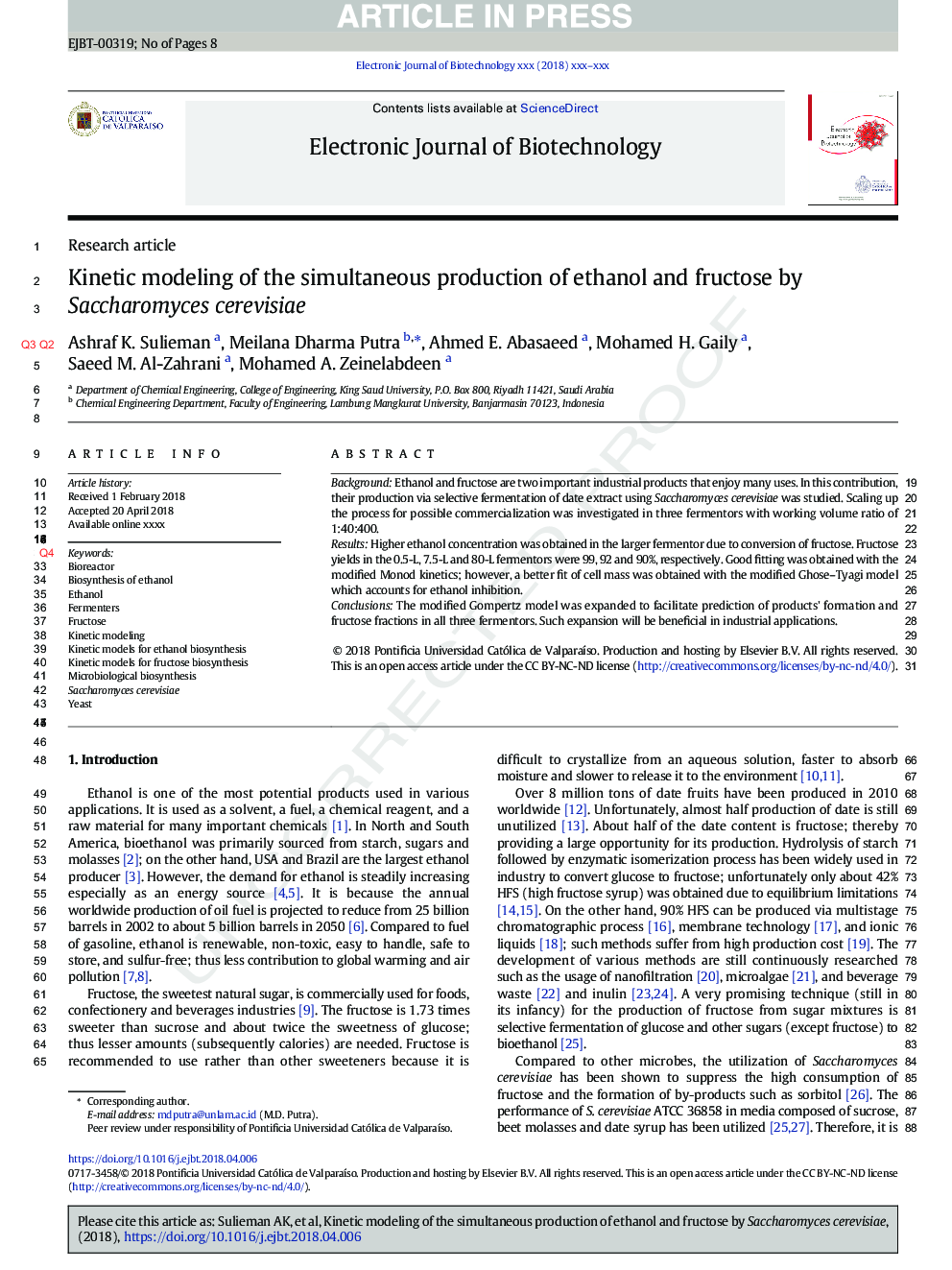 Kinetic modeling of the simultaneous production of ethanol and fructose by Saccharomyces cerevisiae