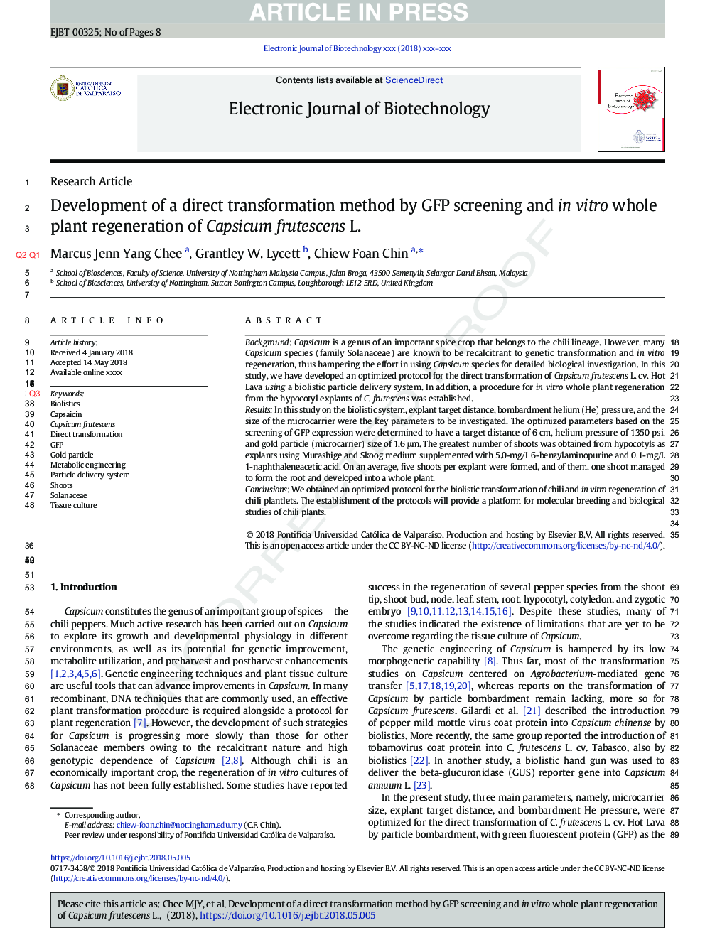 Development of a direct transformation method by GFP screening and in vitro whole plant regeneration of Capsicum frutescens L.