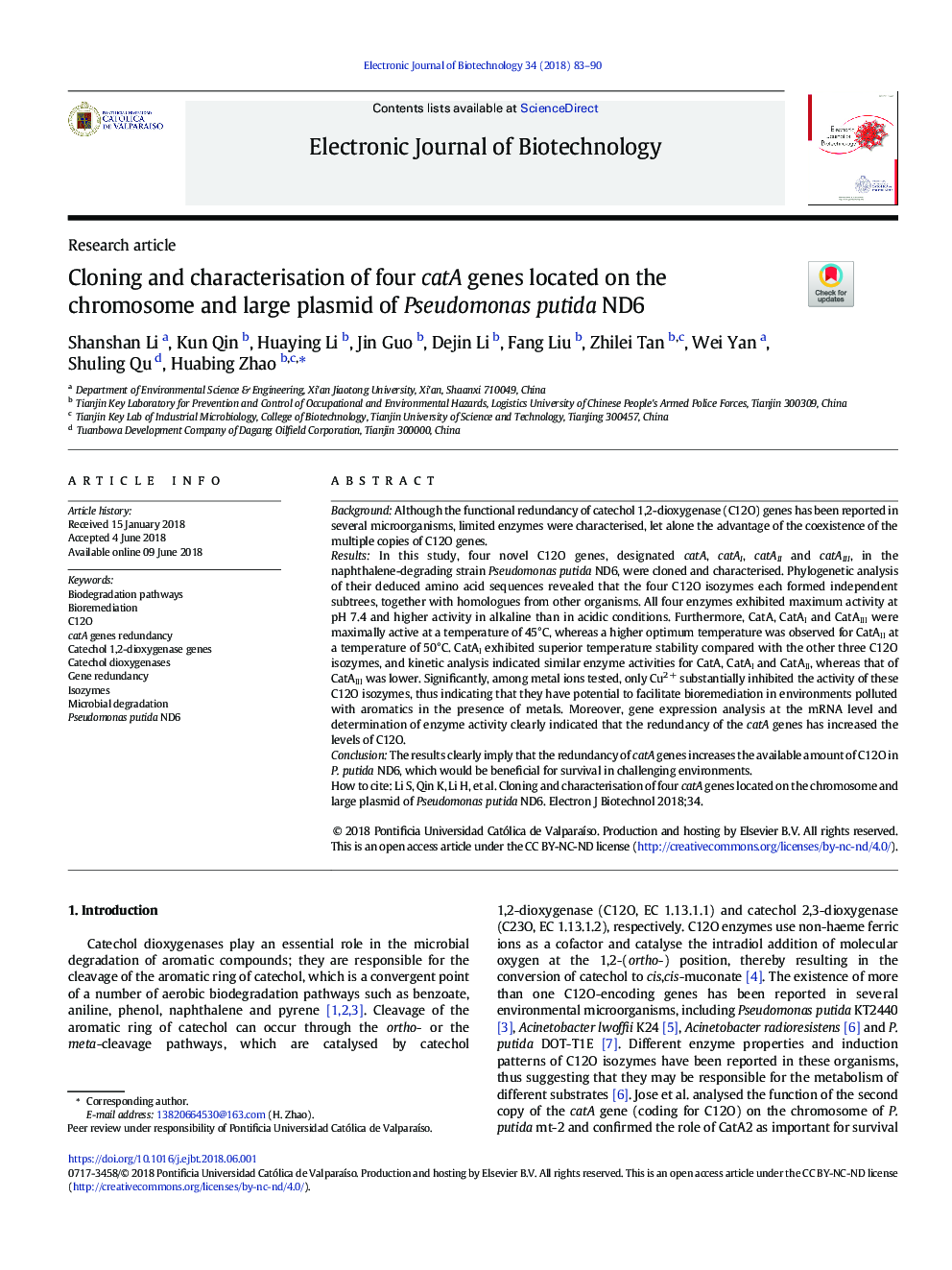 Cloning and characterisation of four catA genes located on the chromosome and large plasmid of Pseudomonas putida ND6