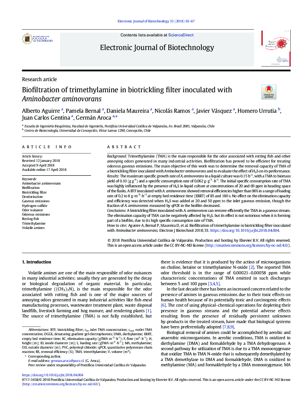 Biofiltration of trimethylamine in biotrickling filter inoculated with Aminobacter aminovorans