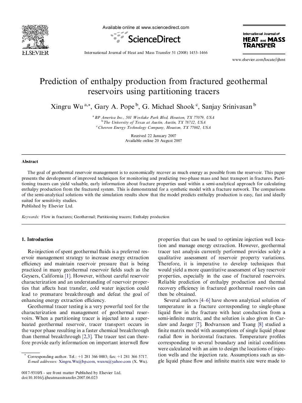 Prediction of enthalpy production from fractured geothermal reservoirs using partitioning tracers