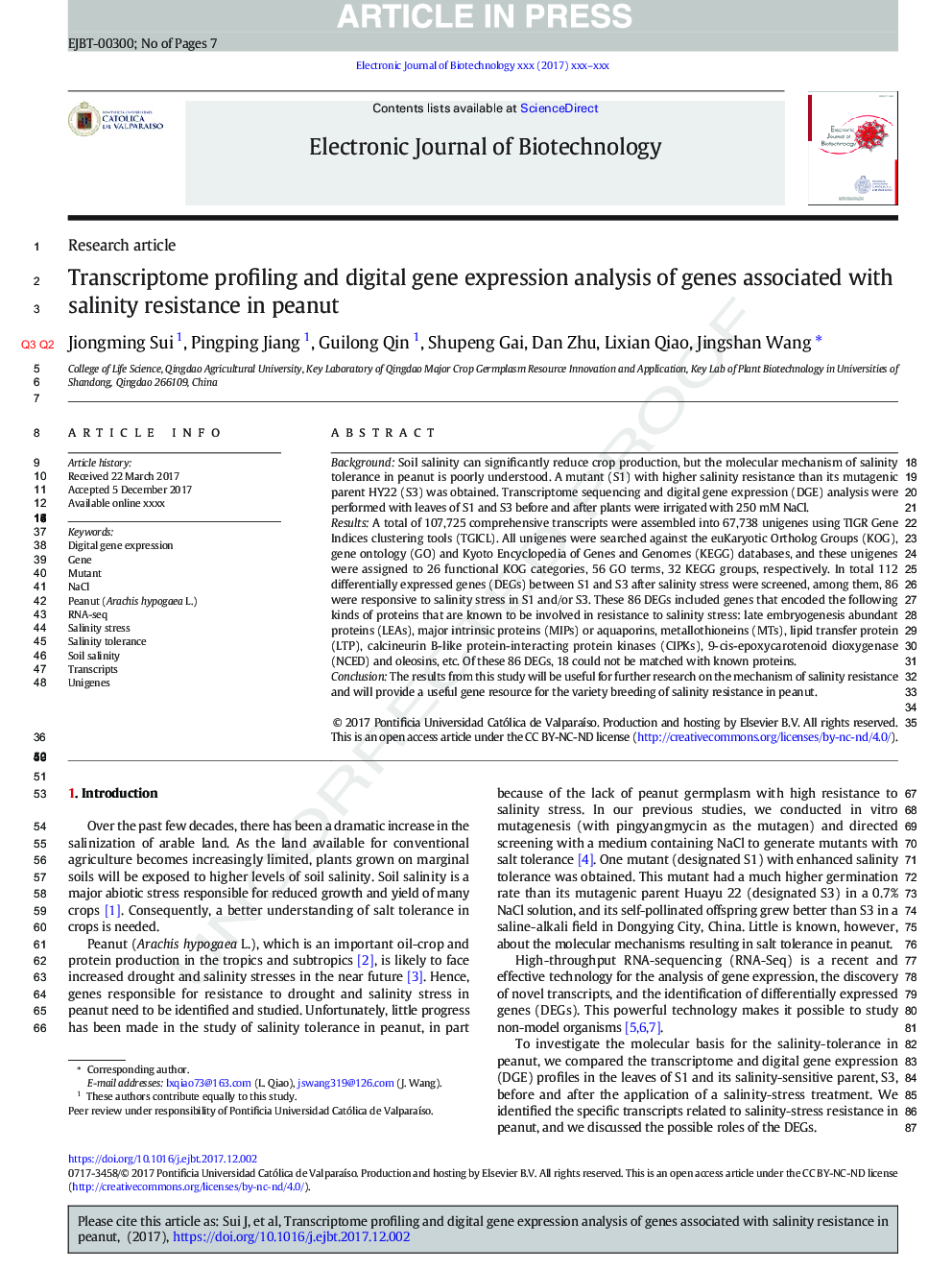 Transcriptome profiling and digital gene expression analysis of genes associated with salinity resistance in peanut