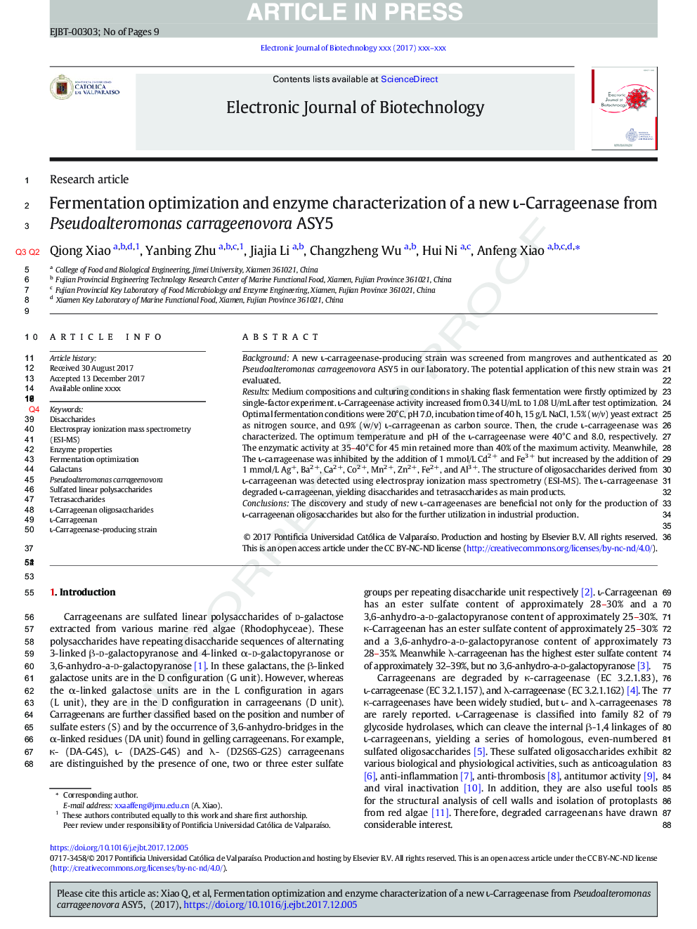 Fermentation optimization and enzyme characterization of a new Î¹-Carrageenase from Pseudoalteromonas carrageenovora ASY5