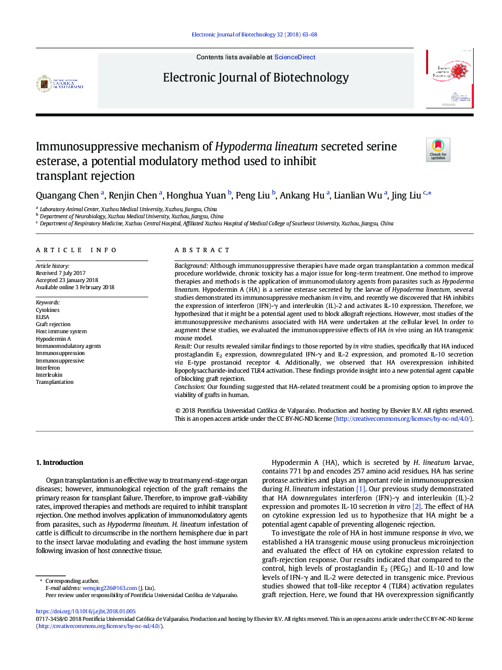 Immunosuppressive mechanism of Hypoderma lineatum secreted serine esterase, a potential modulatory method used to inhibit transplant rejection