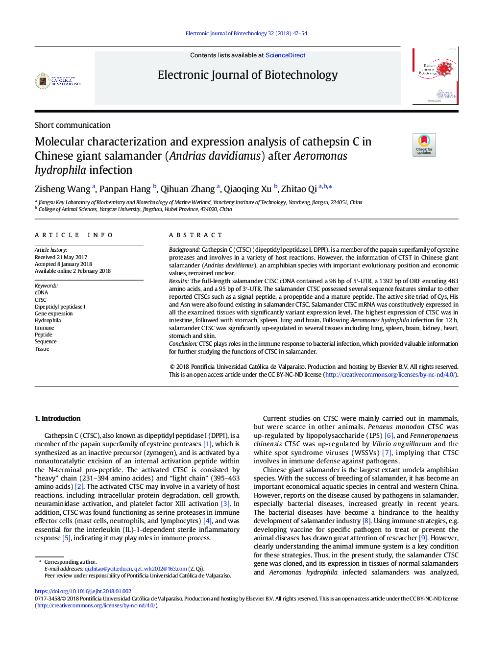 Molecular characterization and expression analysis of cathepsin C in Chinese giant salamander (Andrias davidianus) after Aeromonas hydrophila infection