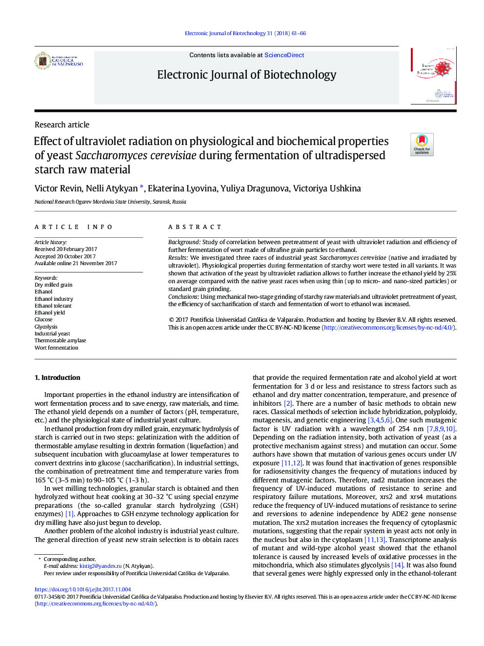 عکس صفحه اول مقاله: Effect of ultraviolet radiation on physiological and biochemical properties of yeast Saccharomyces cerevisiae during fermentation of ultradispersed starch raw material Effect of ultraviolet radiation on physiological and biochemical properties of yeast Saccharomyces cerevisiae during fermentation of ultradispersed starch raw material