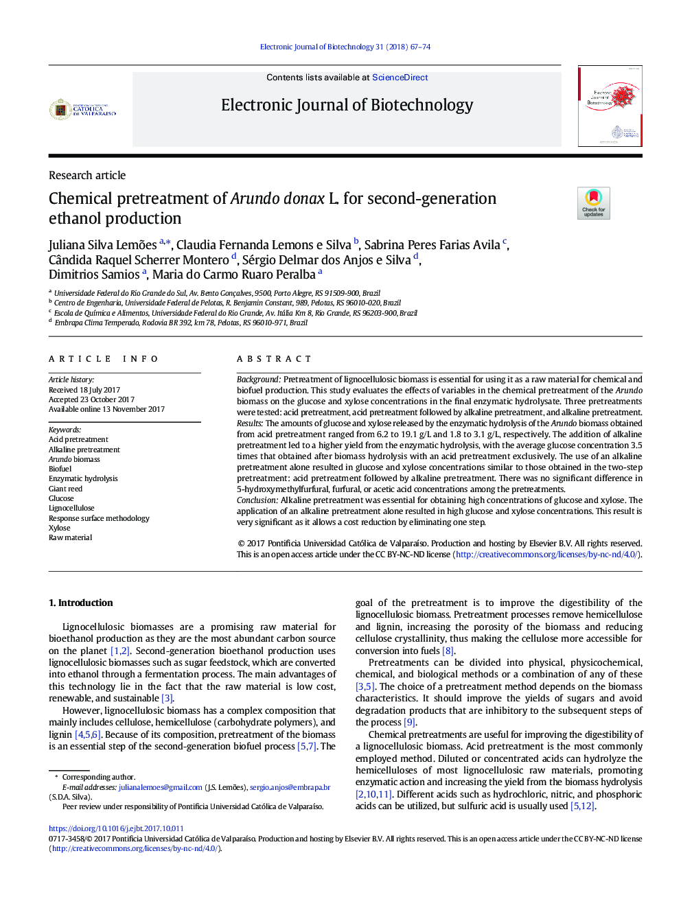 Chemical pretreatment of Arundo donax L. for second-generation ethanol production