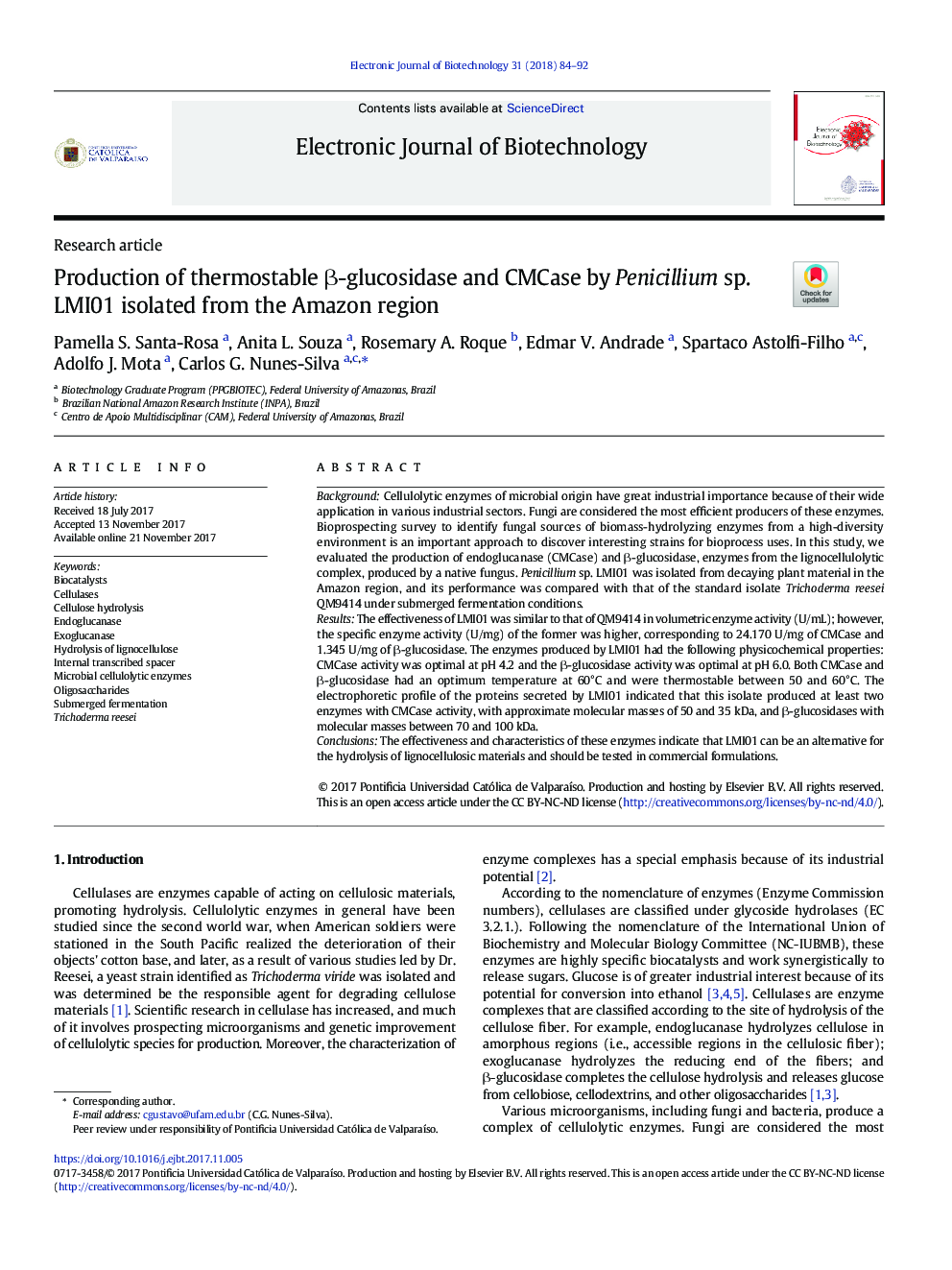 Production of thermostable Î²-glucosidase and CMCase by Penicillium sp. LMI01 isolated from the Amazon region