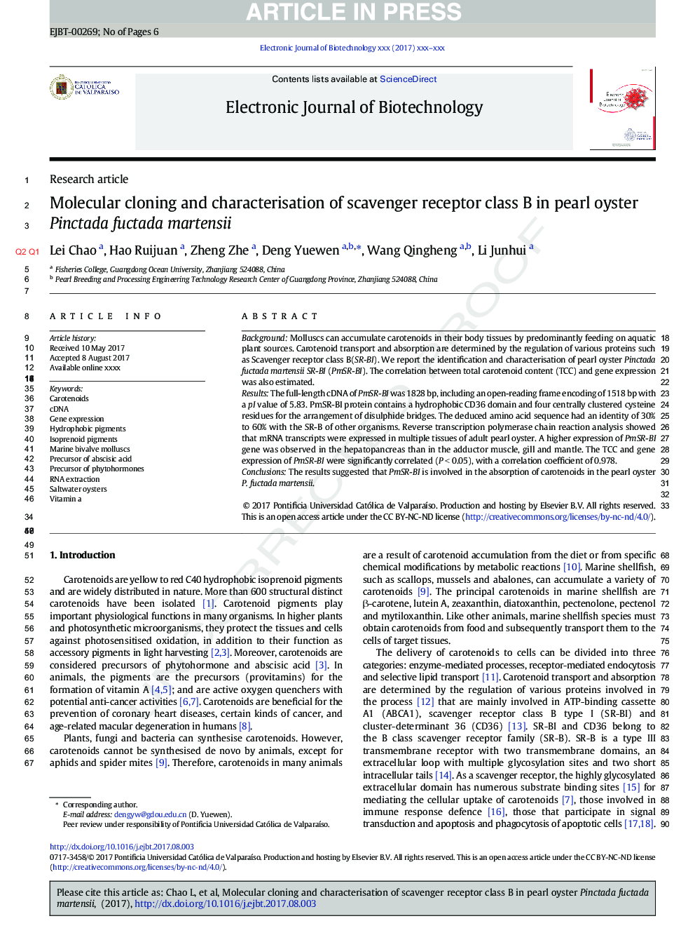 عکس صفحه اول مقاله: Molecular cloning and characterisation of scavenger receptor class B in pearl oyster Pinctada fuctada martensii Molecular cloning and characterisation of scavenger receptor class B in pearl oyster Pinctada fuctada martensii