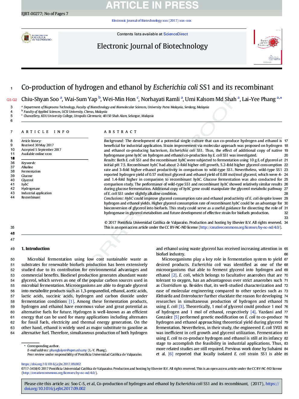 Co-production of hydrogen and ethanol by Escherichia coli SS1 and its recombinant