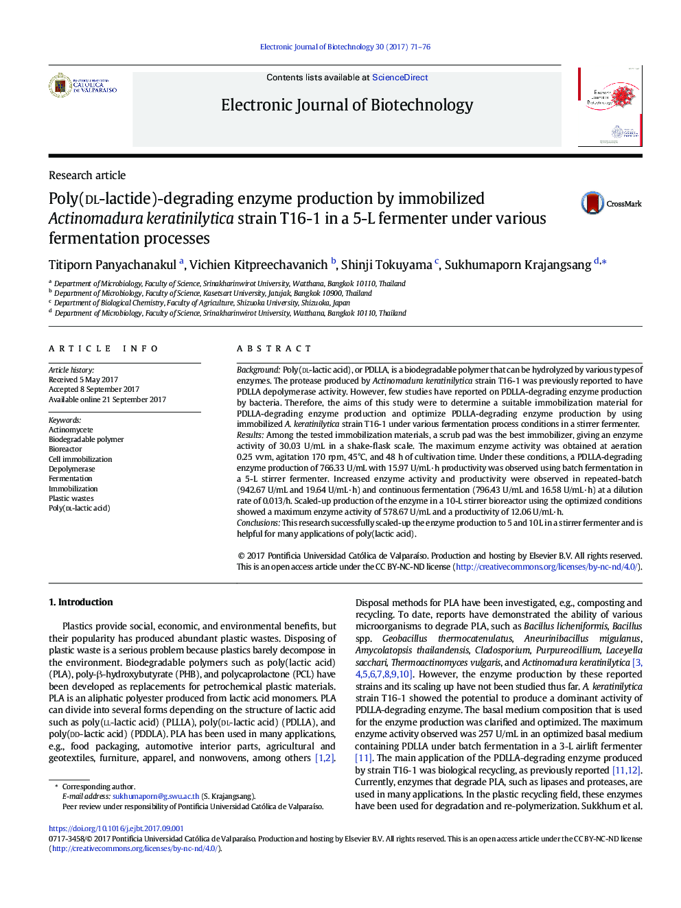 Poly(dl-lactide)-degrading enzyme production by immobilized Actinomadura keratinilytica strain T16-1 in a 5-L fermenter under various fermentation processes