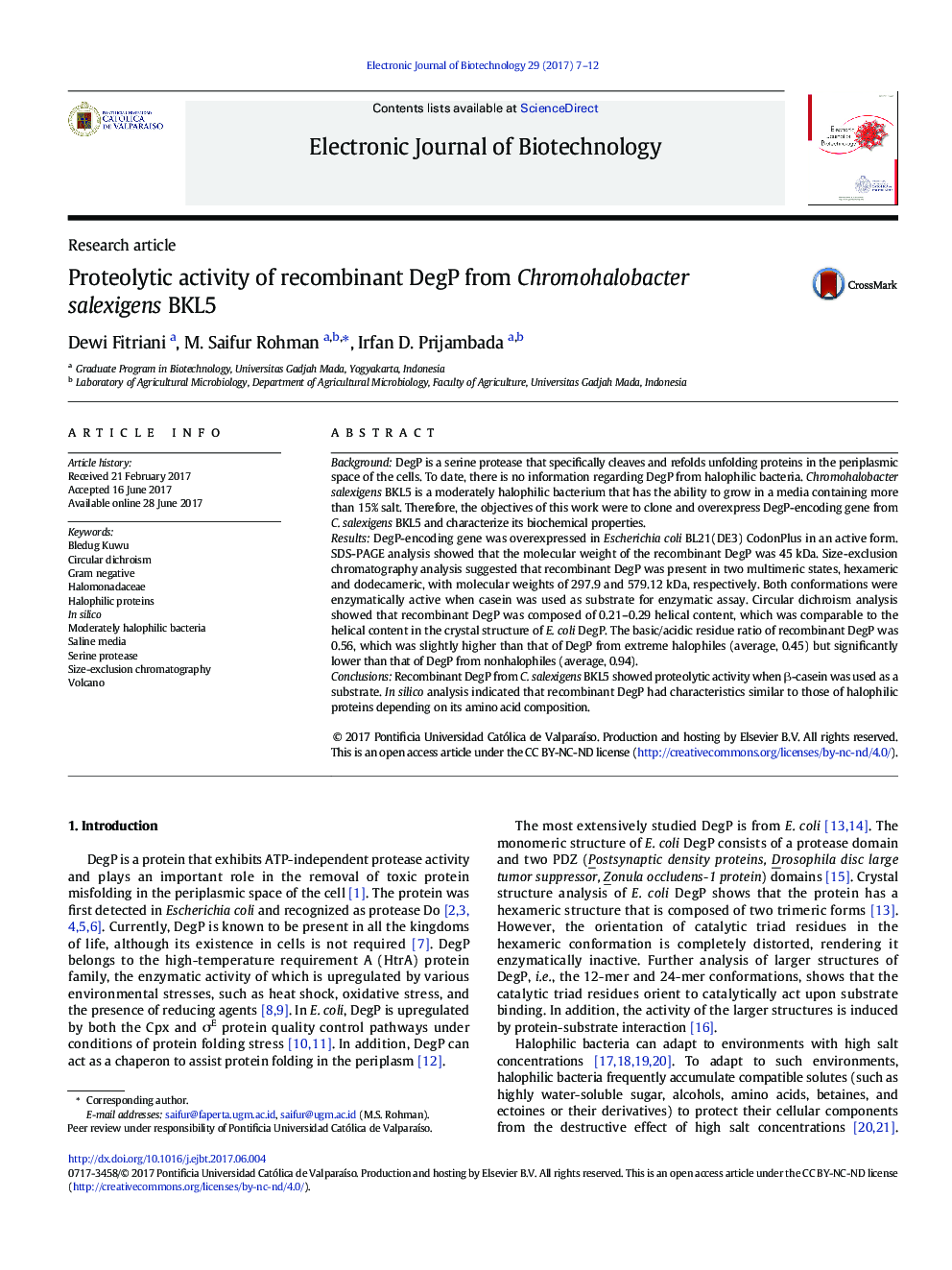 Proteolytic activity of recombinant DegP from Chromohalobacter salexigens BKL5