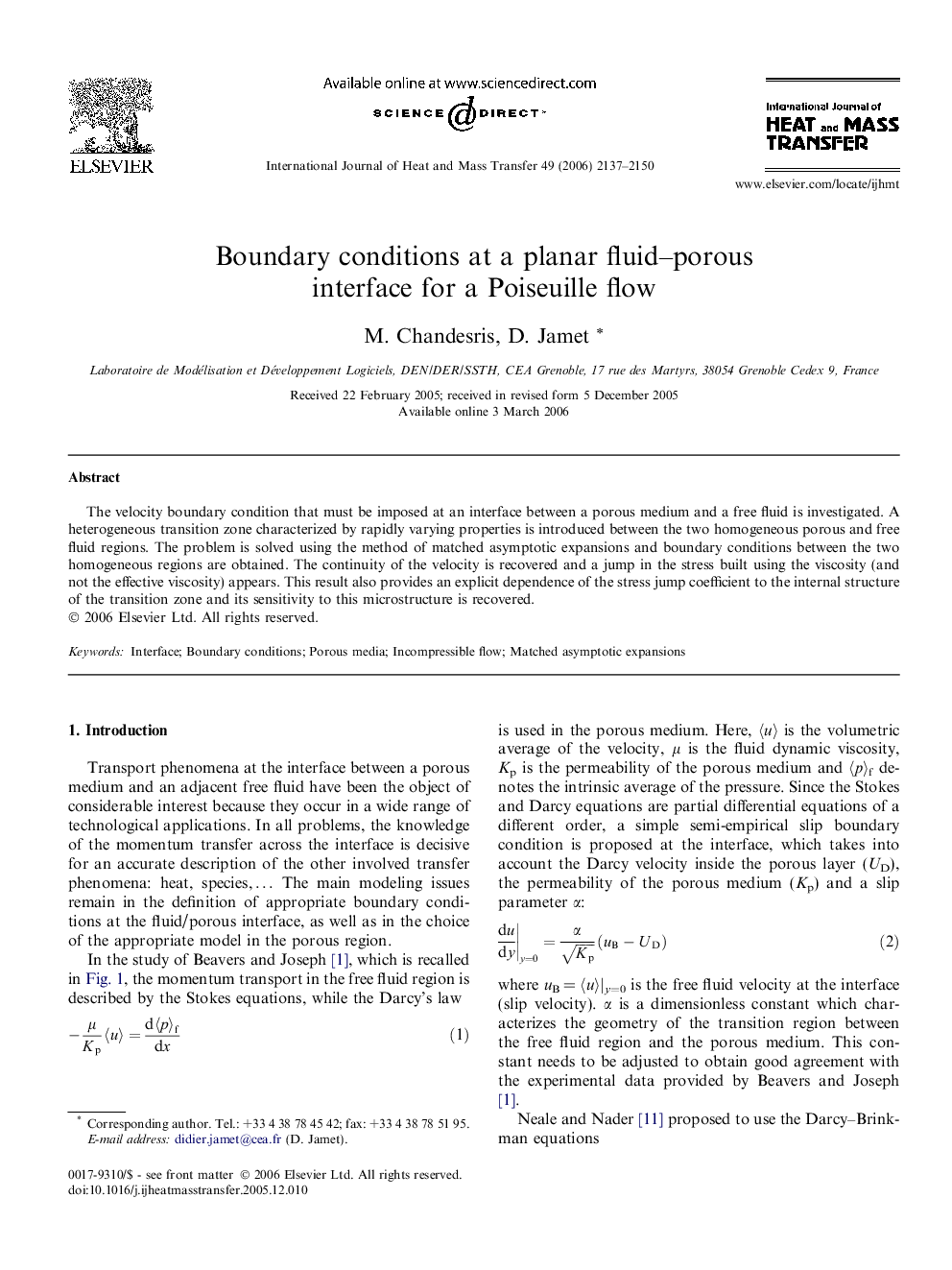 Boundary conditions at a planar fluid–porous interface for a Poiseuille flow