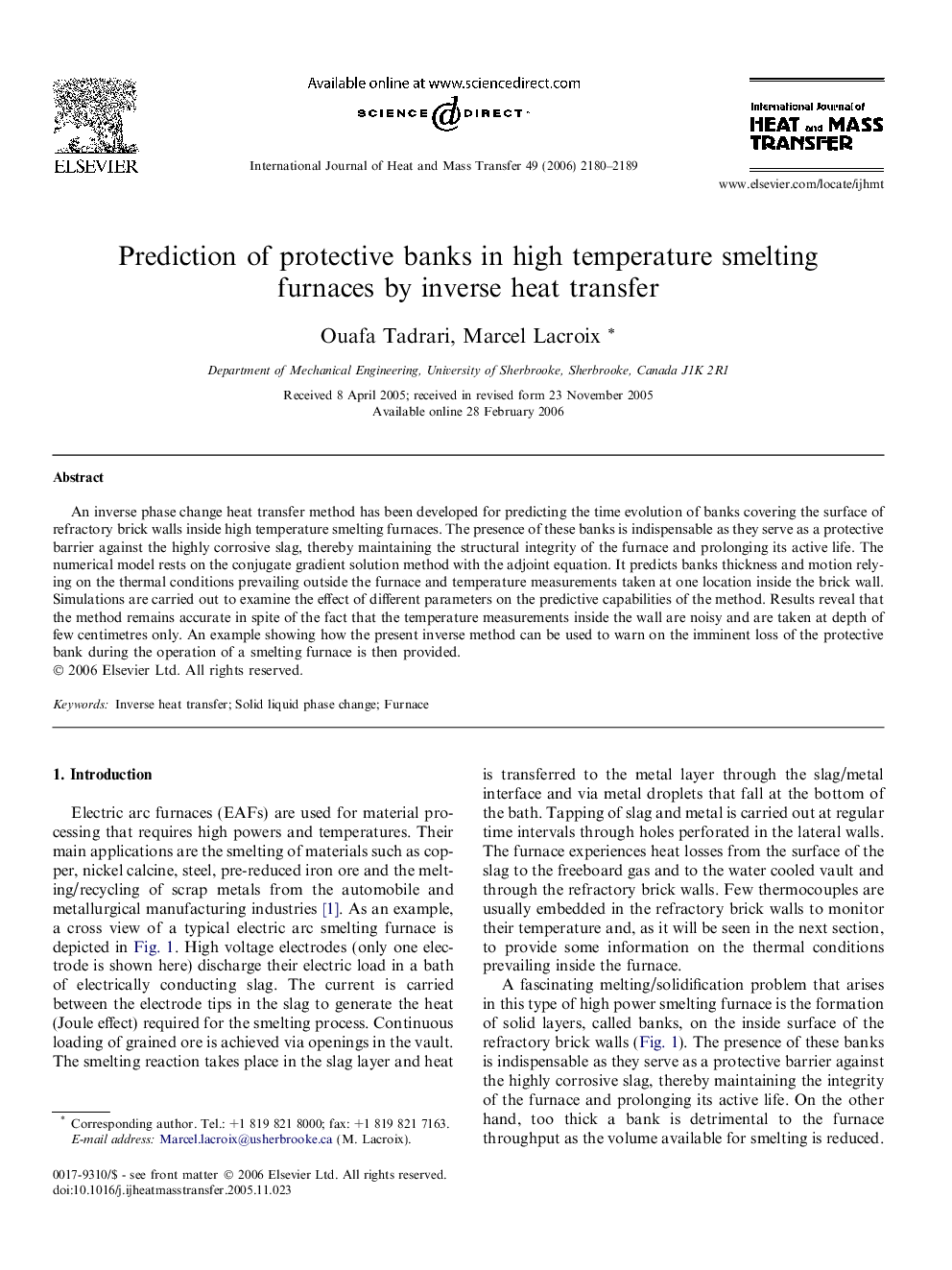 Prediction of protective banks in high temperature smelting furnaces by inverse heat transfer