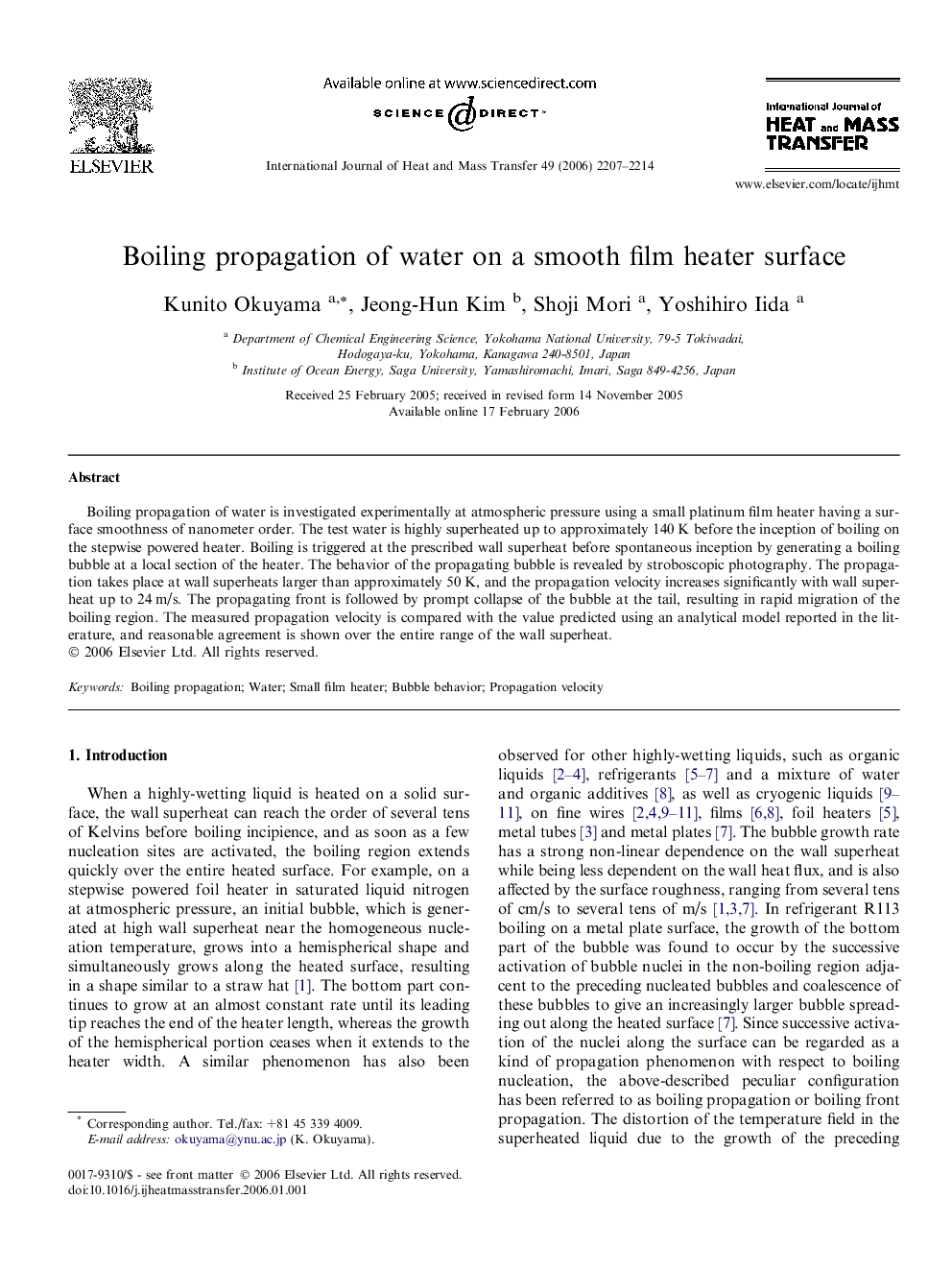 Boiling propagation of water on a smooth film heater surface