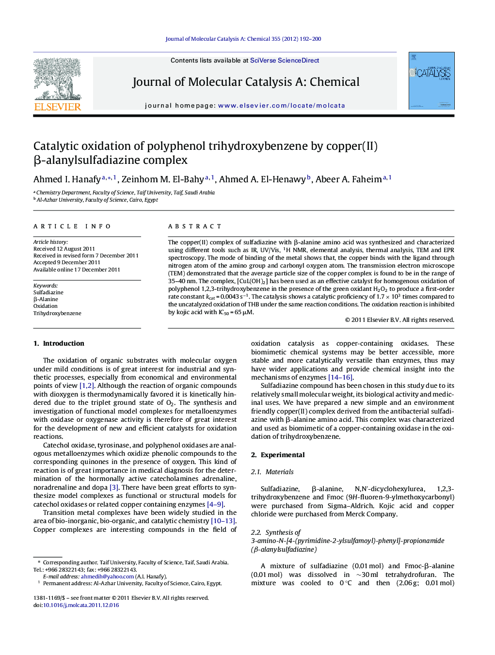 Catalytic oxidation of polyphenol trihydroxybenzene by copper(II) β-alanylsulfadiazine complex