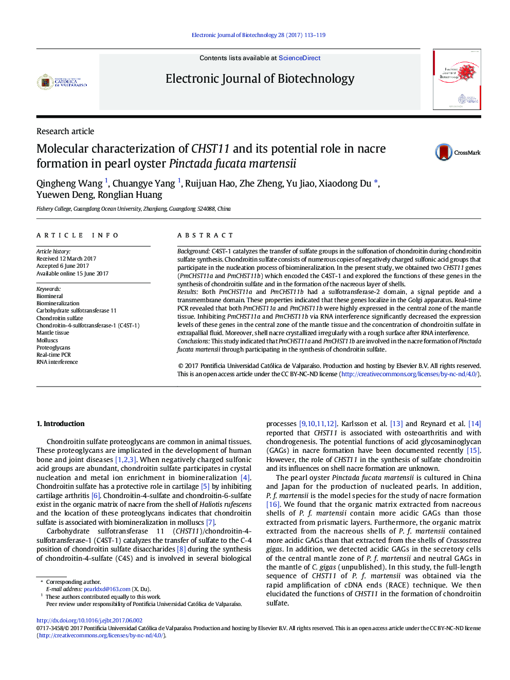 Molecular characterization of CHST11 and its potential role in nacre formation in pearl oyster Pinctada fucata martensii