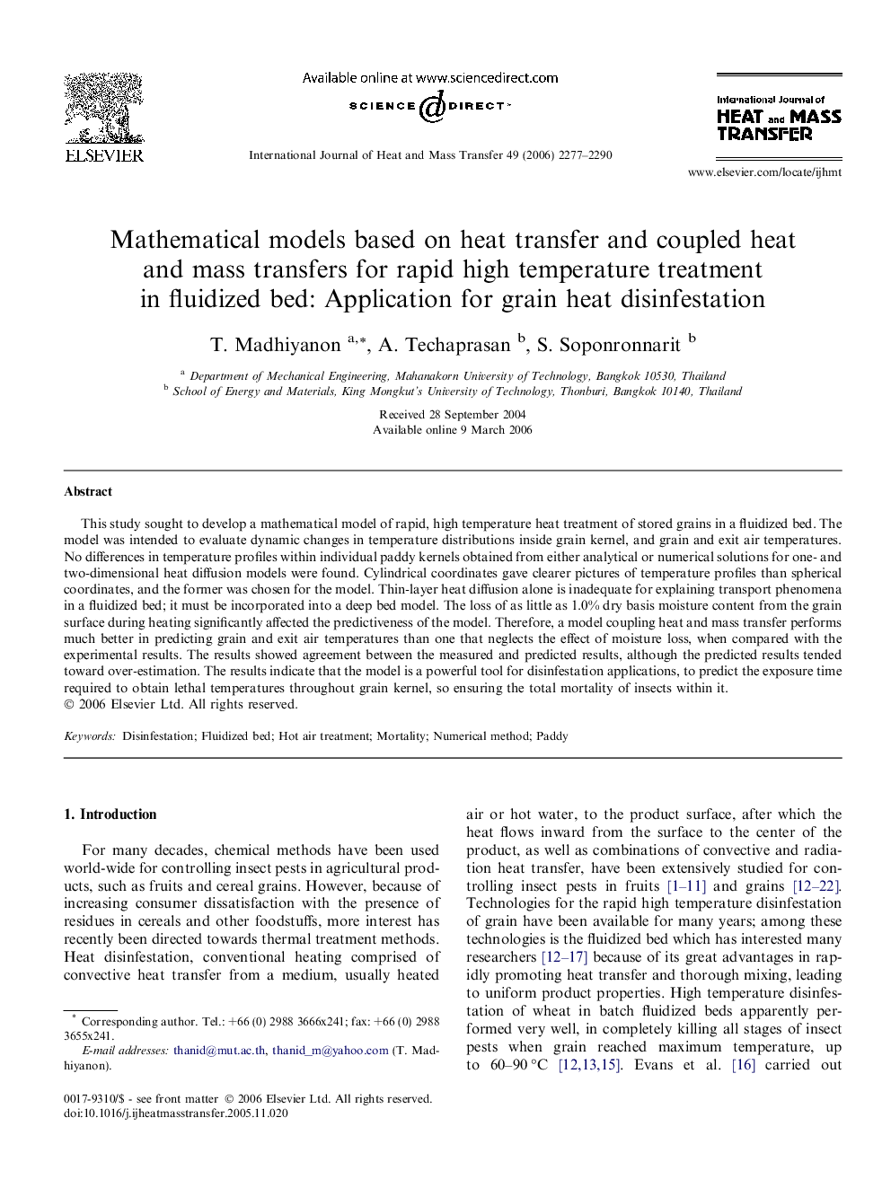 Mathematical models based on heat transfer and coupled heat and mass transfers for rapid high temperature treatment in fluidized bed: Application for grain heat disinfestation