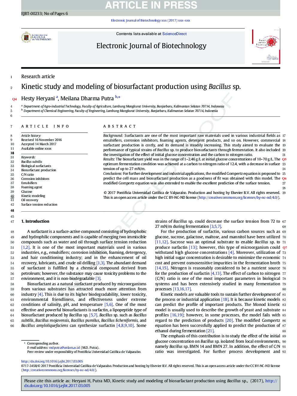 Kinetic study and modeling of biosurfactant production using Bacillus sp.