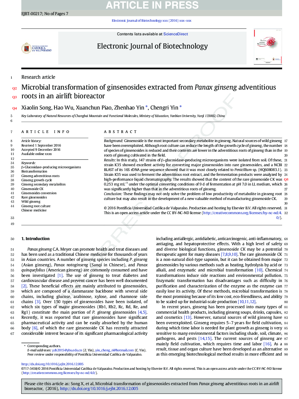 عکس صفحه اول مقاله: Microbial transformation of ginsenosides extracted from Panax ginseng adventitious roots in an airlift bioreactor Microbial transformation of ginsenosides extracted from Panax ginseng adventitious roots in an airlift bioreactor