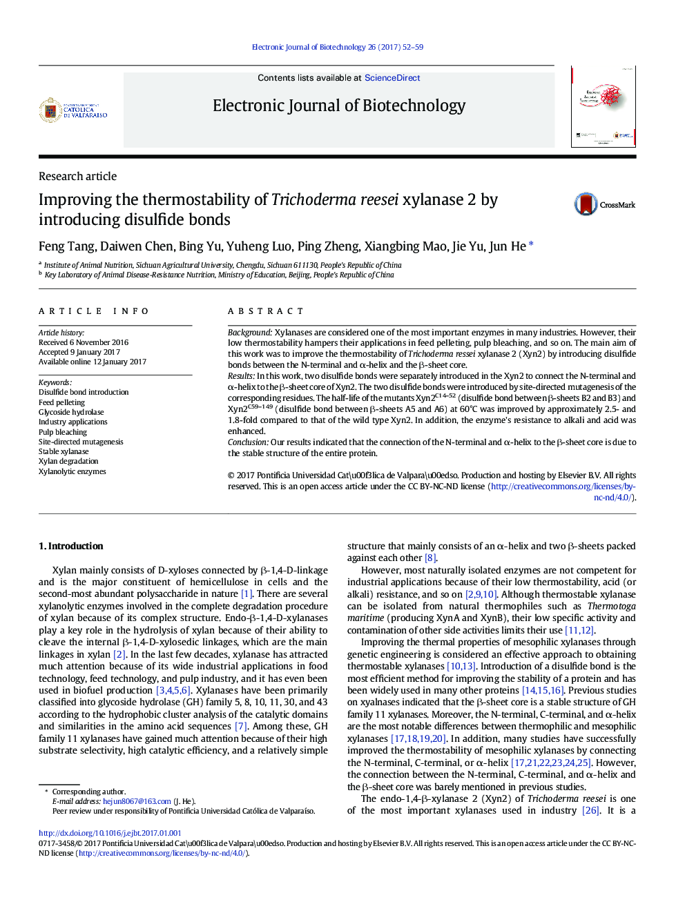 Improving the thermostability of Trichoderma reesei xylanase 2 by introducing disulfide bonds