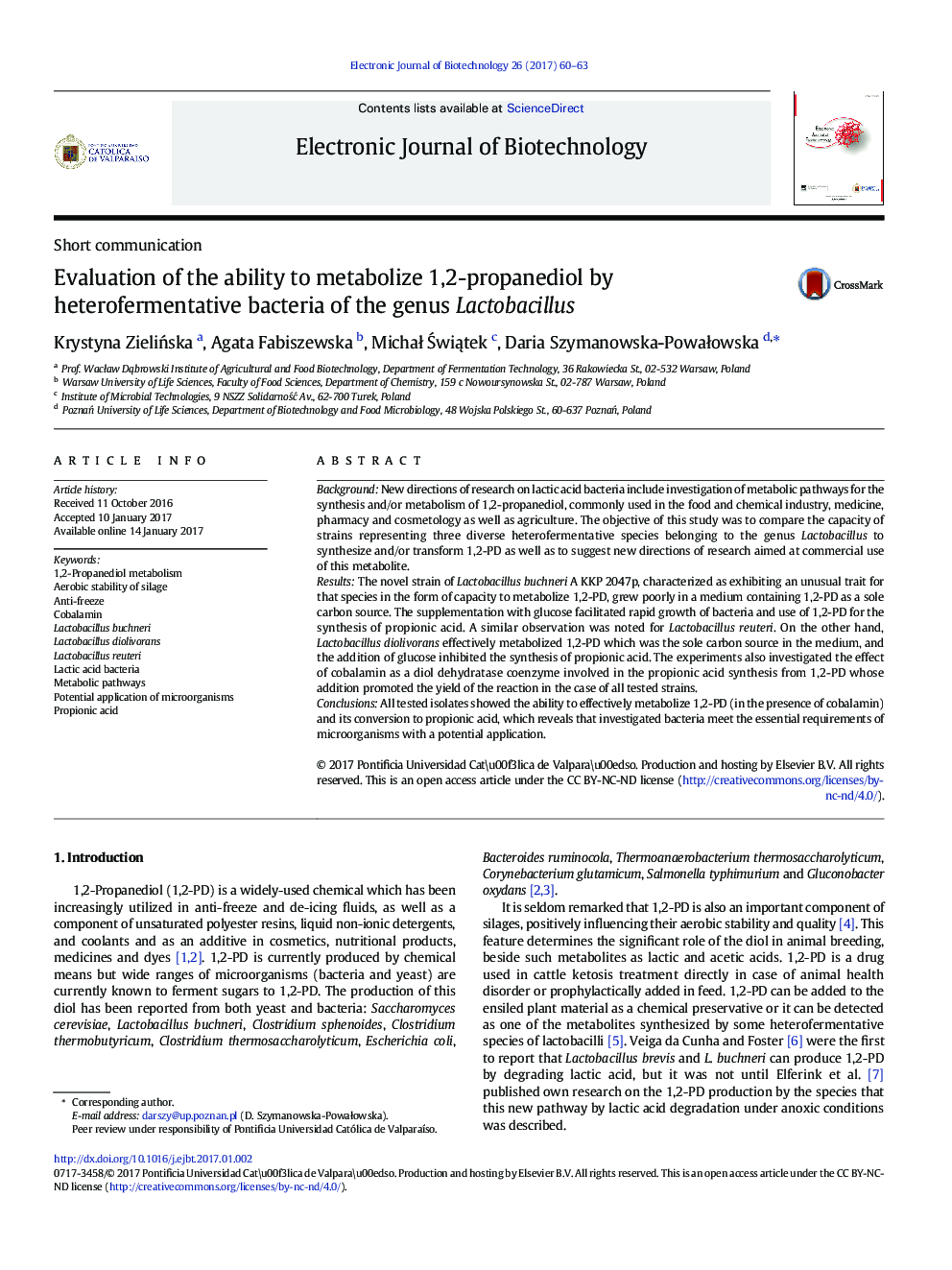 Evaluation of the ability to metabolize 1,2-propanediol by heterofermentative bacteria of the genus Lactobacillus