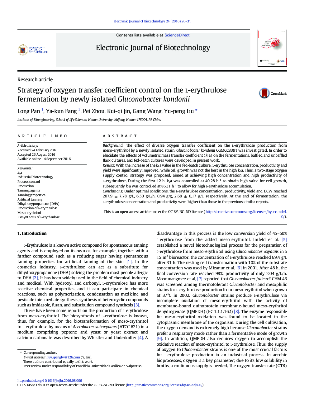 Strategy of oxygen transfer coefficient control on the l-erythrulose fermentation by newly isolated Gluconobacter kondonii