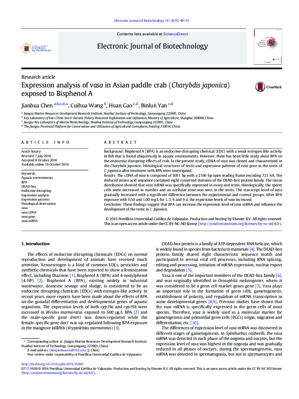 Expression analysis of vasa in Asian paddle crab (Charybdis japonica) exposed to Bisphenol A