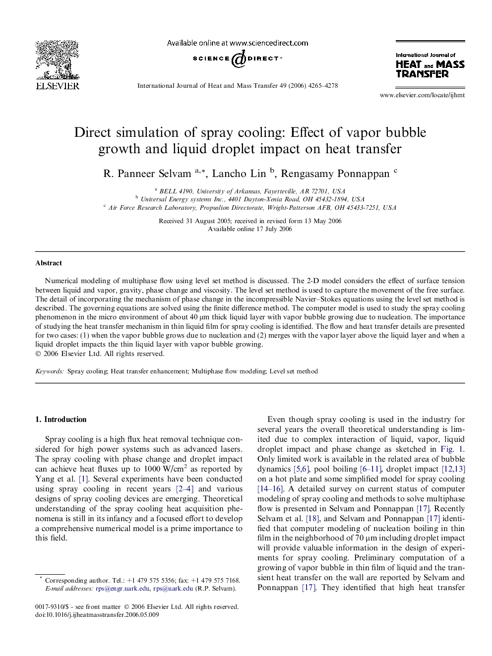 Direct simulation of spray cooling: Effect of vapor bubble growth and liquid droplet impact on heat transfer