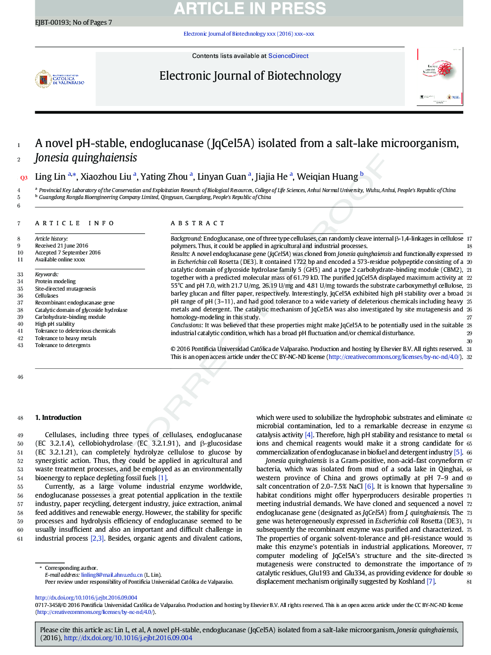 A novel pH-stable, endoglucanase (JqCel5A) isolated from a salt-lake microorganism, Jonesia quinghaiensis