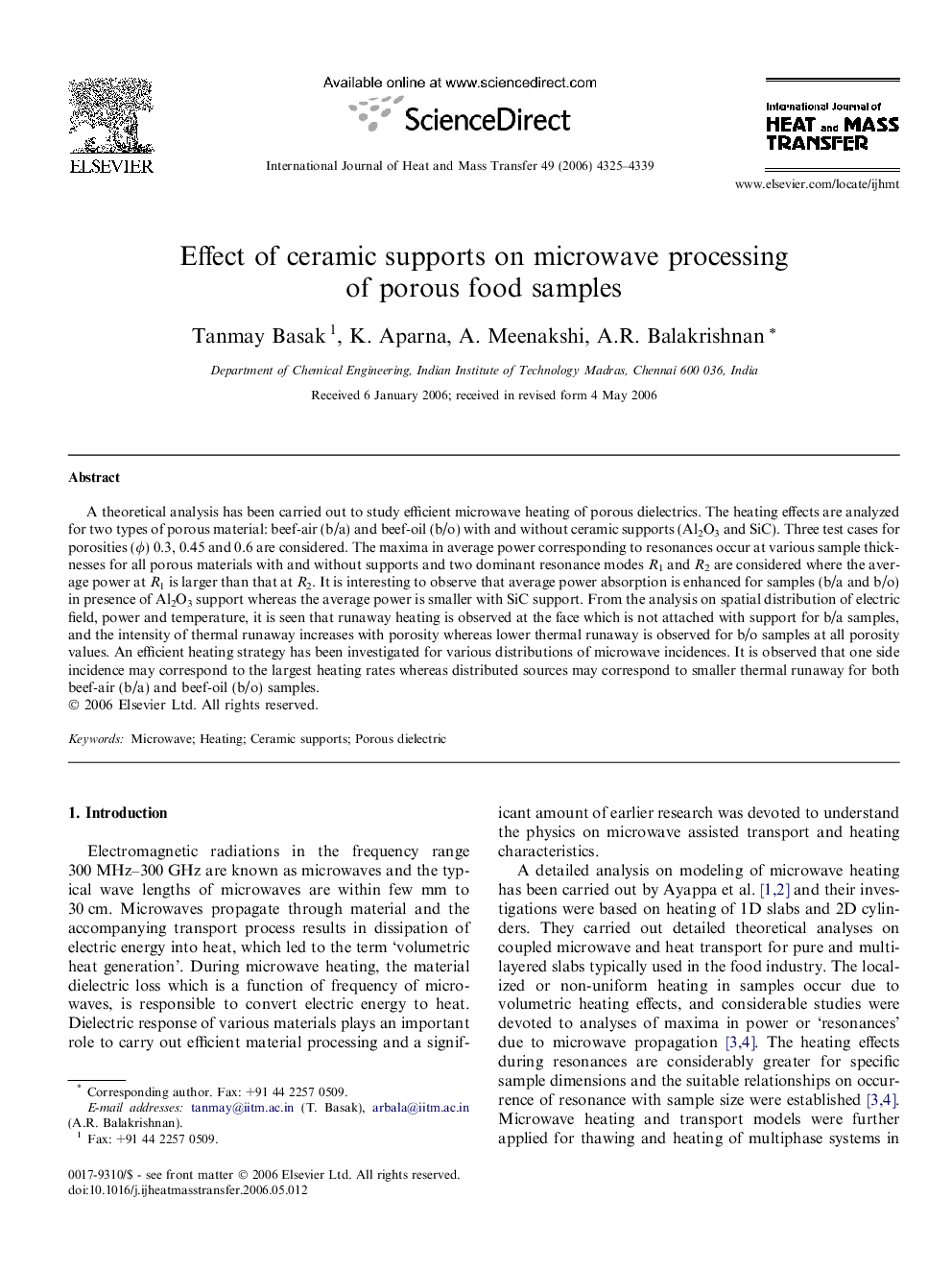 Effect of ceramic supports on microwave processing of porous food samples