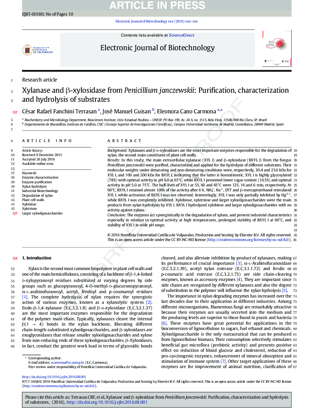 Xylanase and Î²-xylosidase from Penicillium janczewskii: Purification, characterization and hydrolysis of substrates