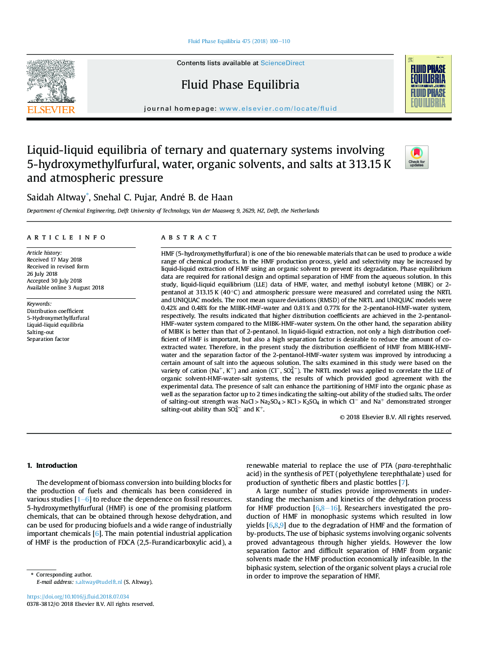 Liquid-liquid equilibria of ternary and quaternary systems involving 5-hydroxymethylfurfural, water, organic solvents, and salts at 313.15â¯K and atmospheric pressure