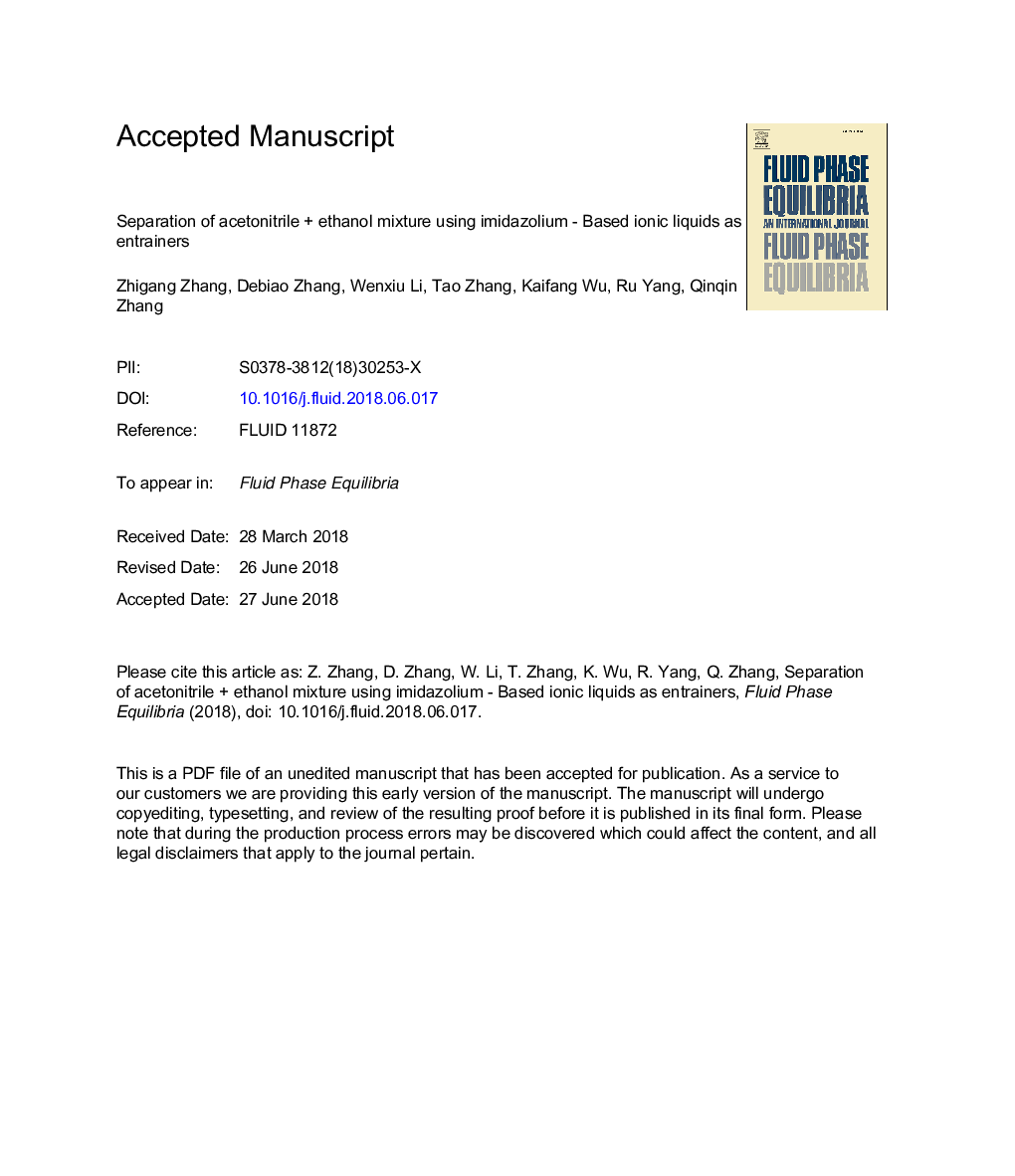 Separation of acetonitrileÂ +Â ethanol mixture using imidazolium - Based ionic liquids as entrainers