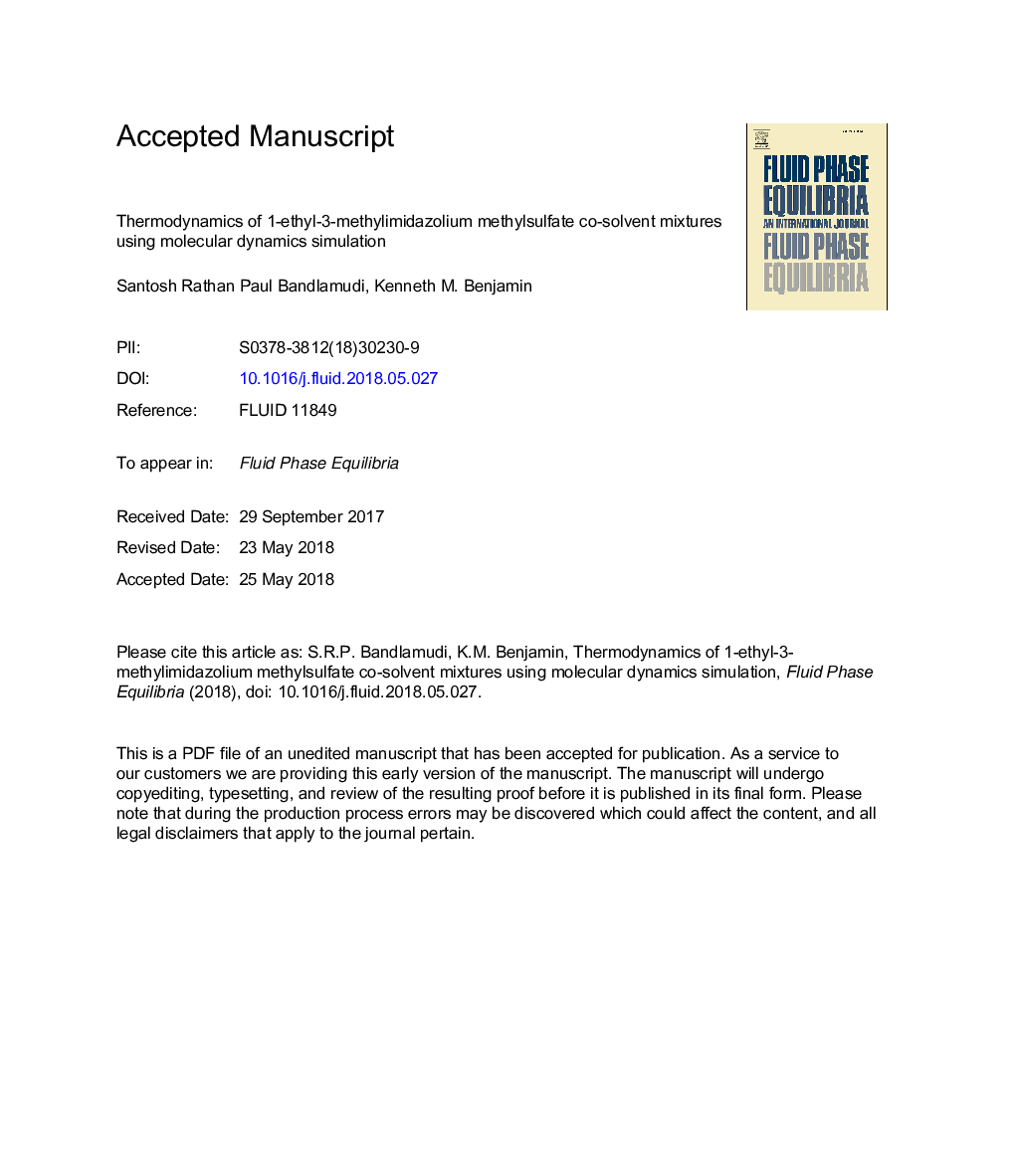 عکس صفحه اول مقاله: Thermodynamics of 1-ethyl-3-methylimidazolium methylsulfate co-solvent mixtures using molecular dynamics simulation Thermodynamics of 1-ethyl-3-methylimidazolium methylsulfate co-solvent mixtures using molecular dynamics simulation