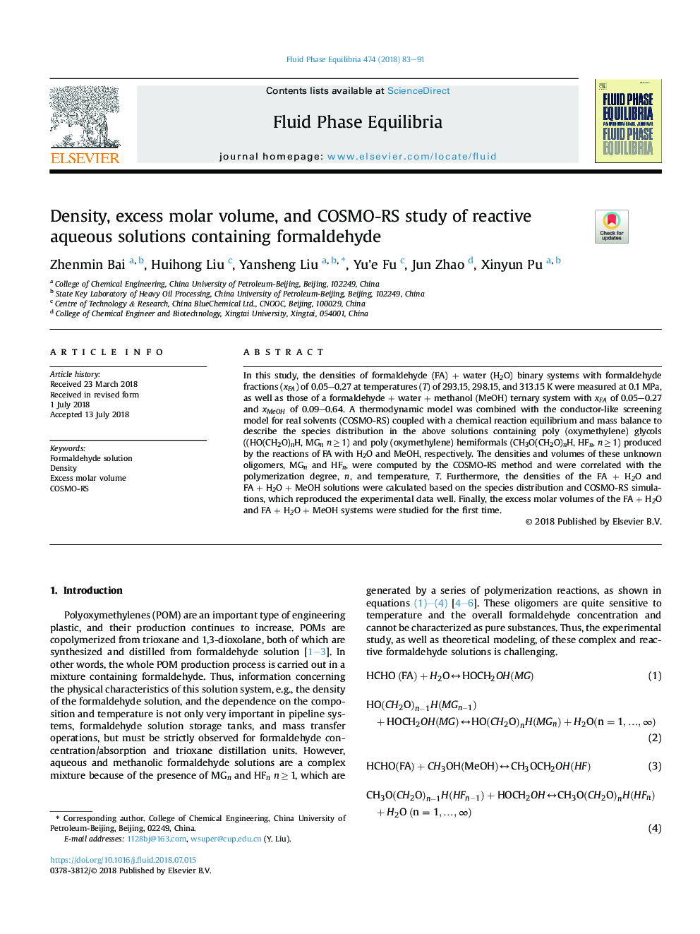 Density, excess molar volume, and COSMO-RS study of reactive aqueous solutions containing formaldehyde