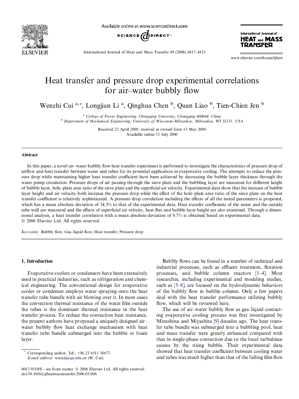 Heat transfer and pressure drop experimental correlations for air–water bubbly flow