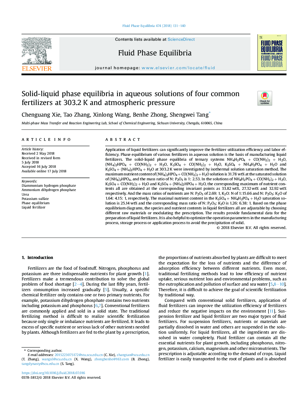 Solid-liquid phase equilibria in aqueous solutions of four common fertilizers at 303.2â¯K and atmospheric pressure