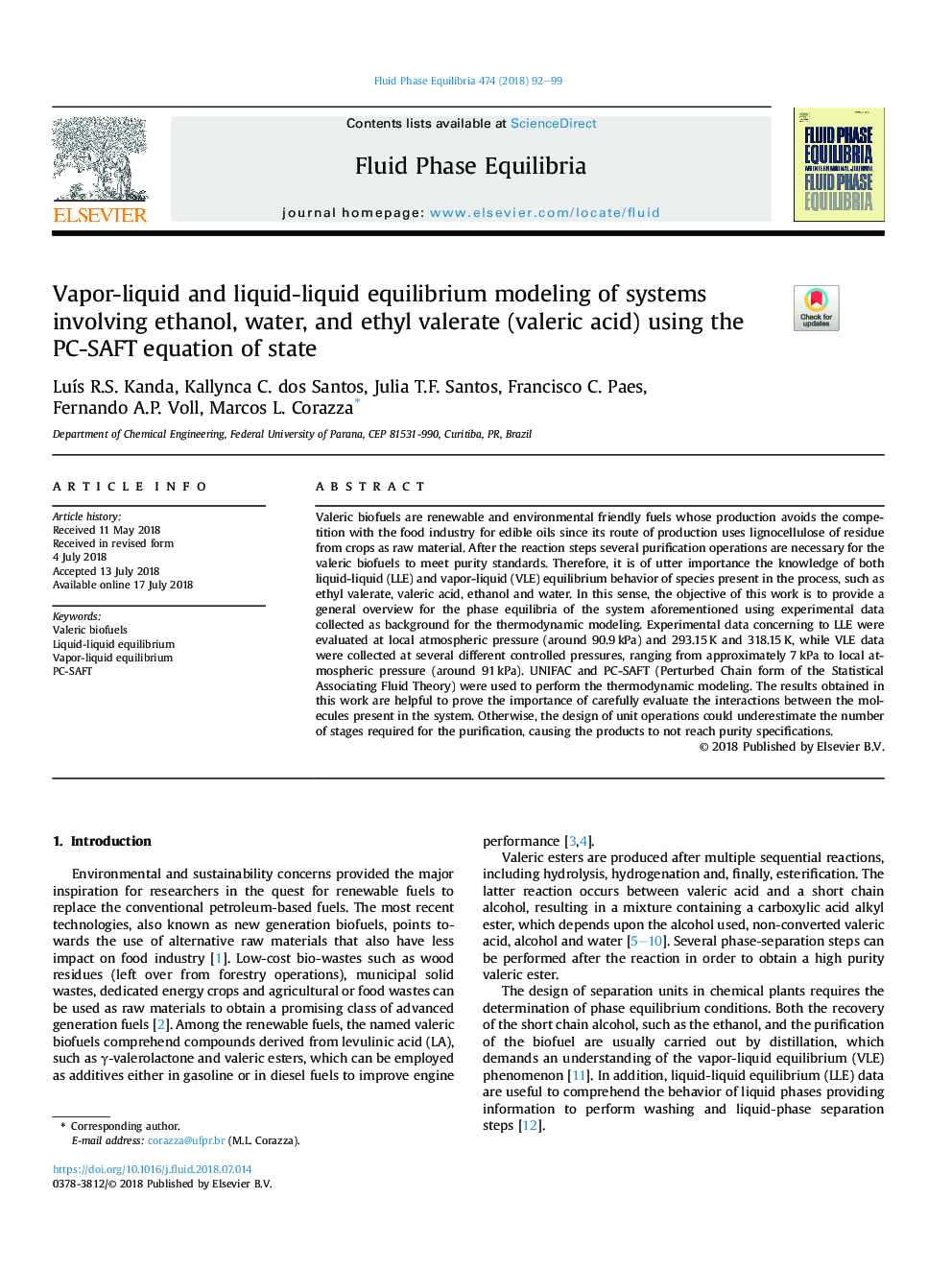 Vapor-liquid and liquid-liquid equilibrium modeling of systems involving ethanol, water, and ethyl valerate (valeric acid) using the PC-SAFT equation of state