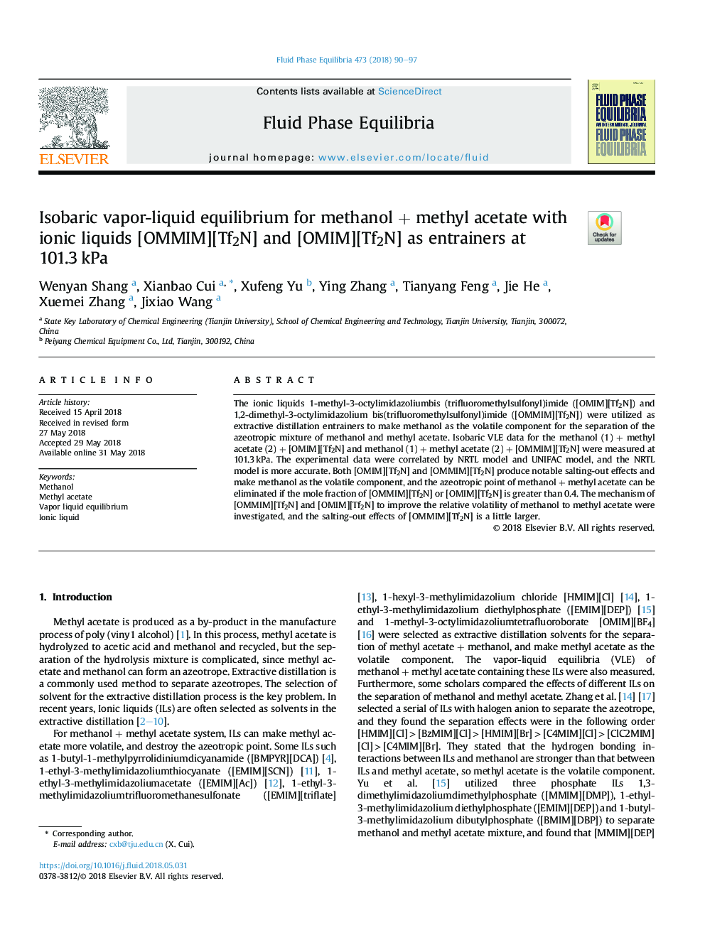 Isobaric vapor-liquid equilibrium for methanolÂ + methyl acetate with ionic liquids [OMMIM][Tf2N] and [OMIM][Tf2N] as entrainers at 101.3â¯kPa